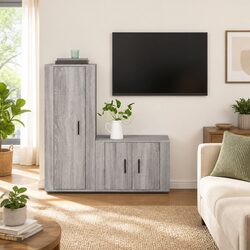TV Cabinet Set Wall-Mounted Grey Media Storage Unit Engineered Wood 2 Piece