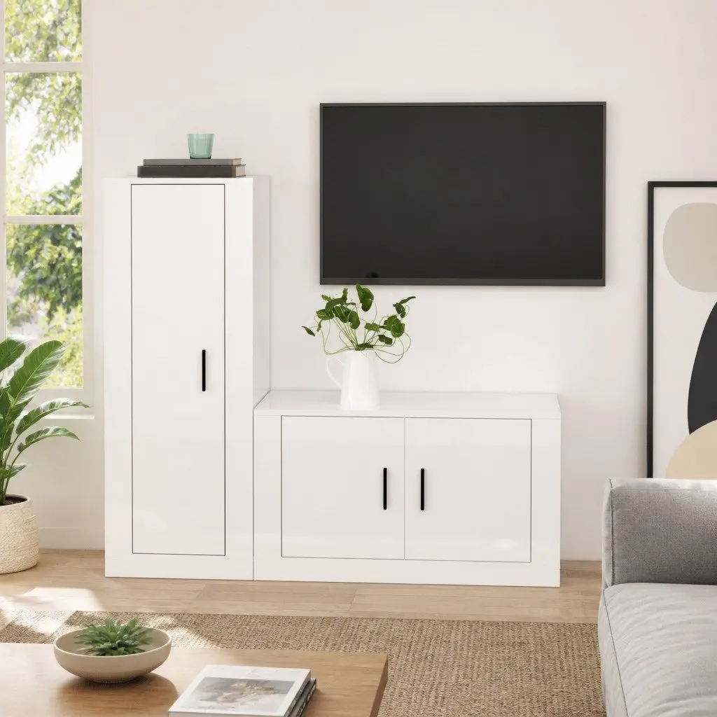 TV Cabinet Set Wall-Mounted High Gloss White Media Storage Unit Engineered Wood