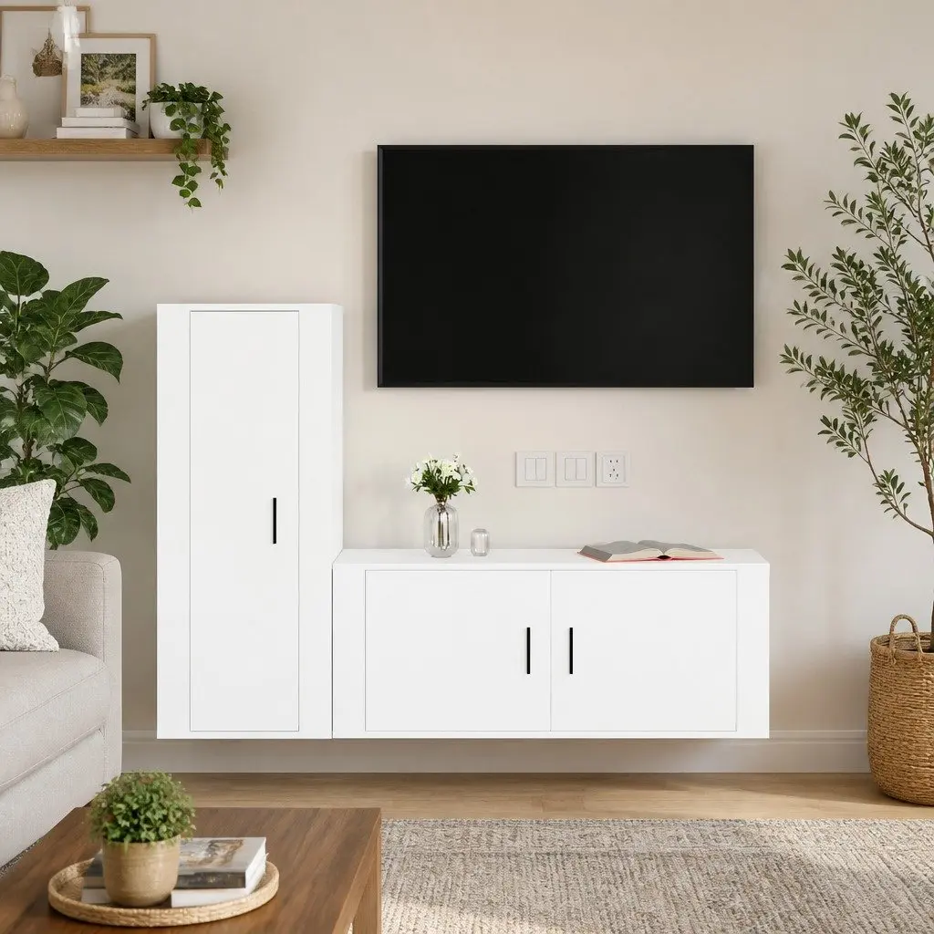 TV Cabinet Set Wall-Mounted 2 Piece White Engineered Wood Media Storage Unit