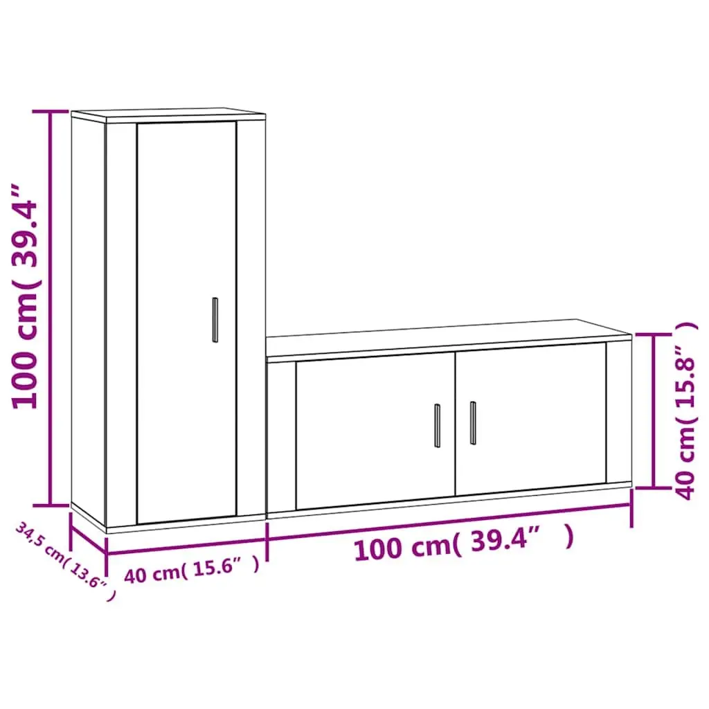 TV Cabinet Set Wall-Mounted 2 Piece White Engineered Wood Media Storage Unit