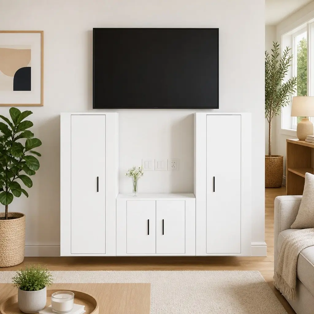 TV Cabinet Set Wall-Mounted 3 Piece White Engineered Wood Media Storage Unit