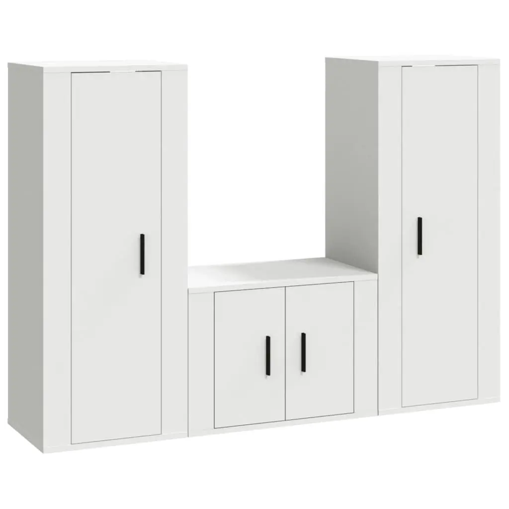 TV Cabinet Set Wall-Mounted 3 Piece White Engineered Wood Media Storage Unit