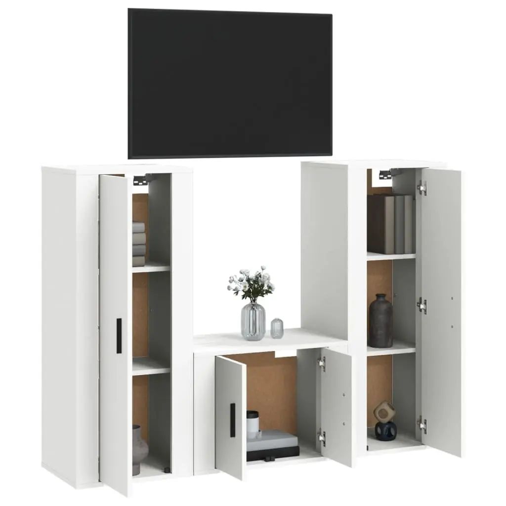 TV Cabinet Set Wall-Mounted 3 Piece White Engineered Wood Media Storage Unit