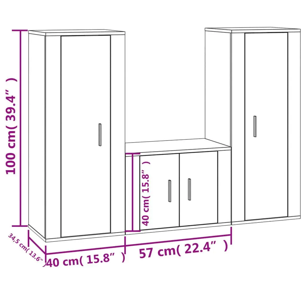 TV Cabinet Set Wall-Mounted 3 Piece White Engineered Wood Media Storage Unit