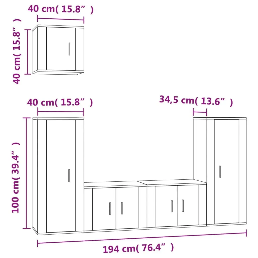 5 Piece TV Cabinet Set White Wall-Mounted Media Storage Unit Engineered Wood