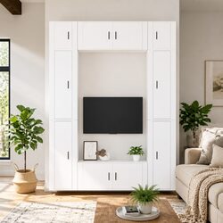 TV Cabinet Set 8 Piece White Wall-Mounted Media Storage Unit Engineered Wood