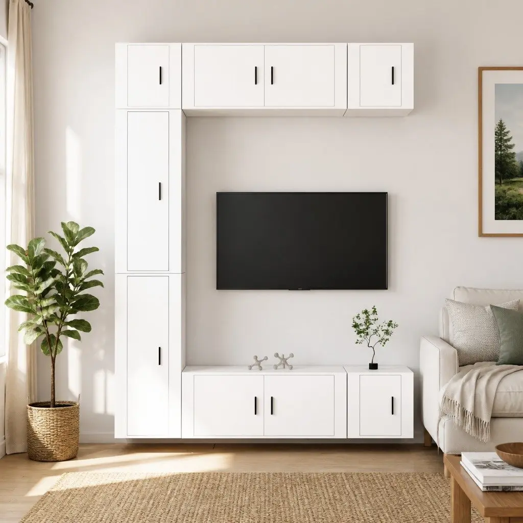 7 Piece Engineered Wood White Wall-Mounted Media Storage Unit TV Cabinet Set