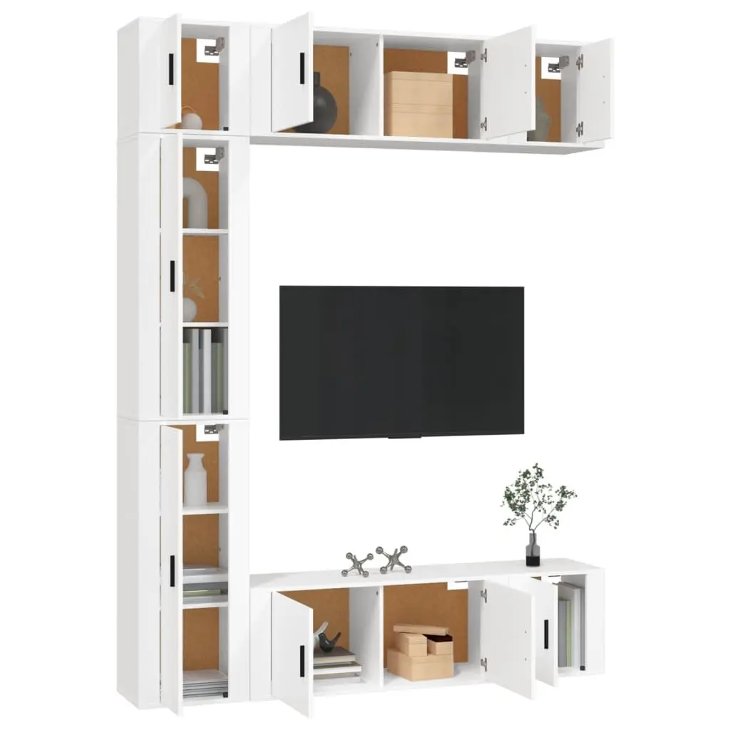 7 Piece Engineered Wood White Wall-Mounted Media Storage Unit TV Cabinet Set