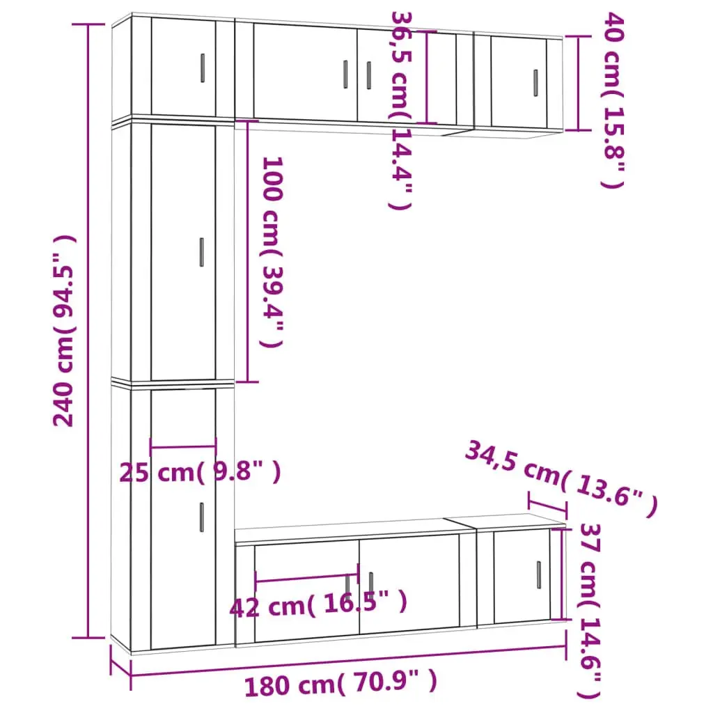 7 Piece Engineered Wood White Wall-Mounted Media Storage Unit TV Cabinet Set