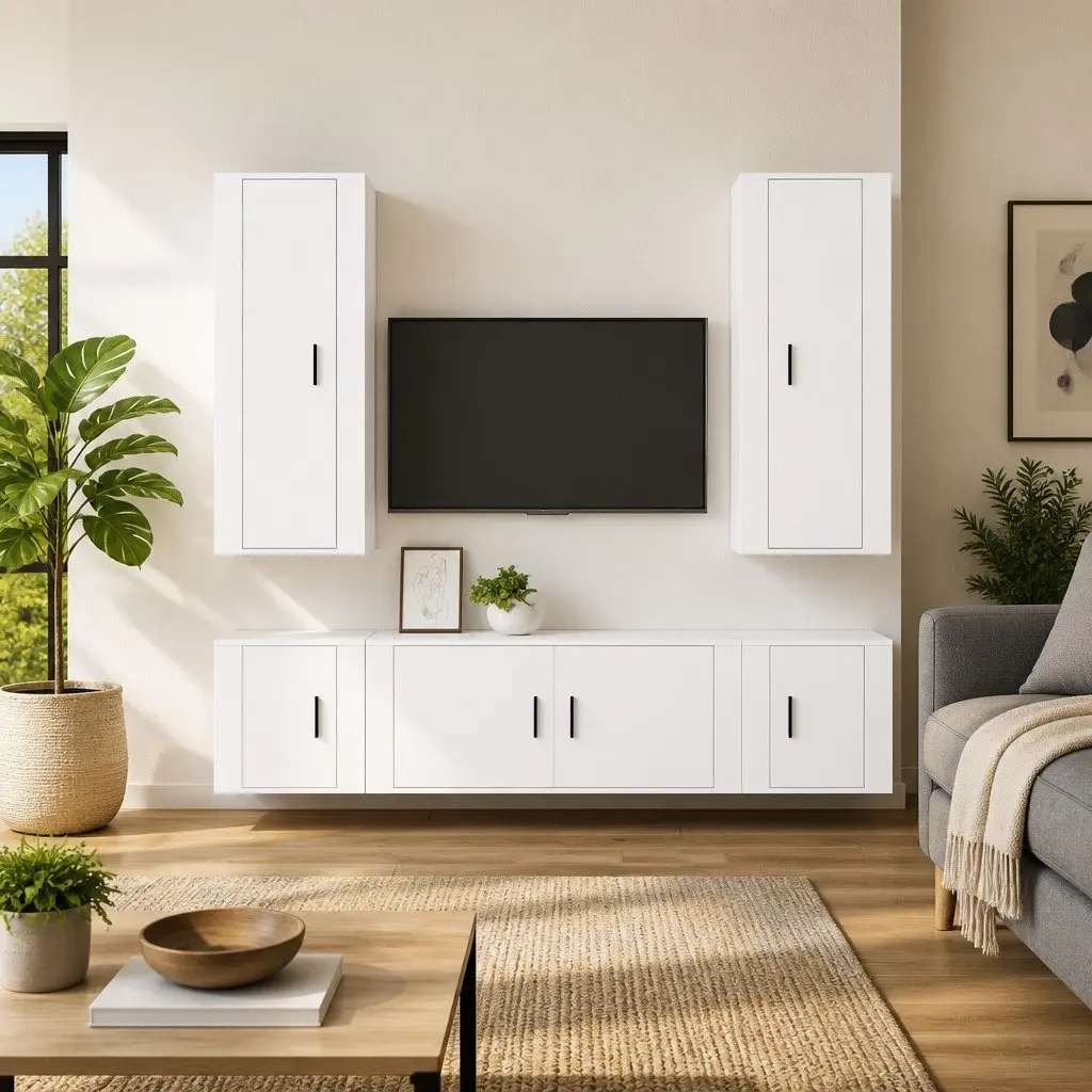 5 Piece Wall Mounted TV Cabinet Set Engineered Wood Storage Unit White