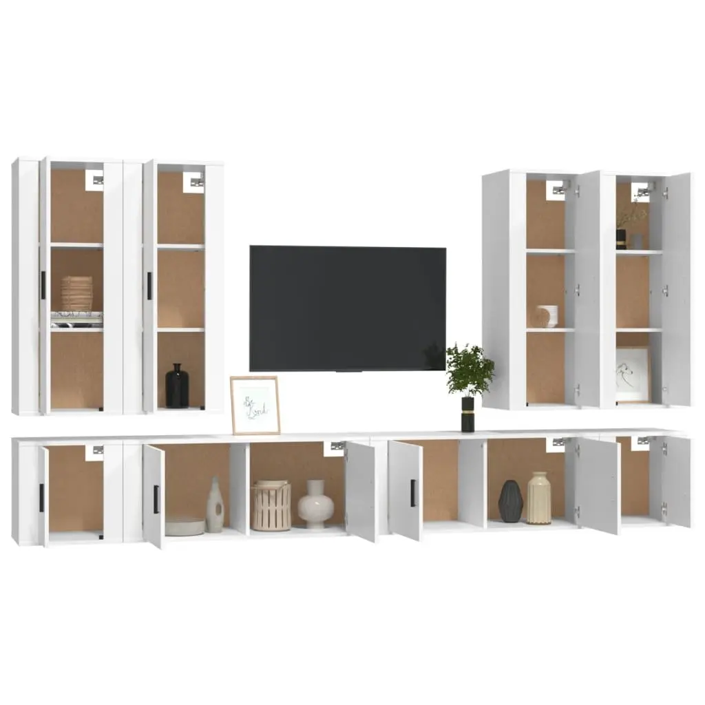 White Wall-Mounted TV Cabinet Set 8 Piece Engineered Wood Media Storage Units