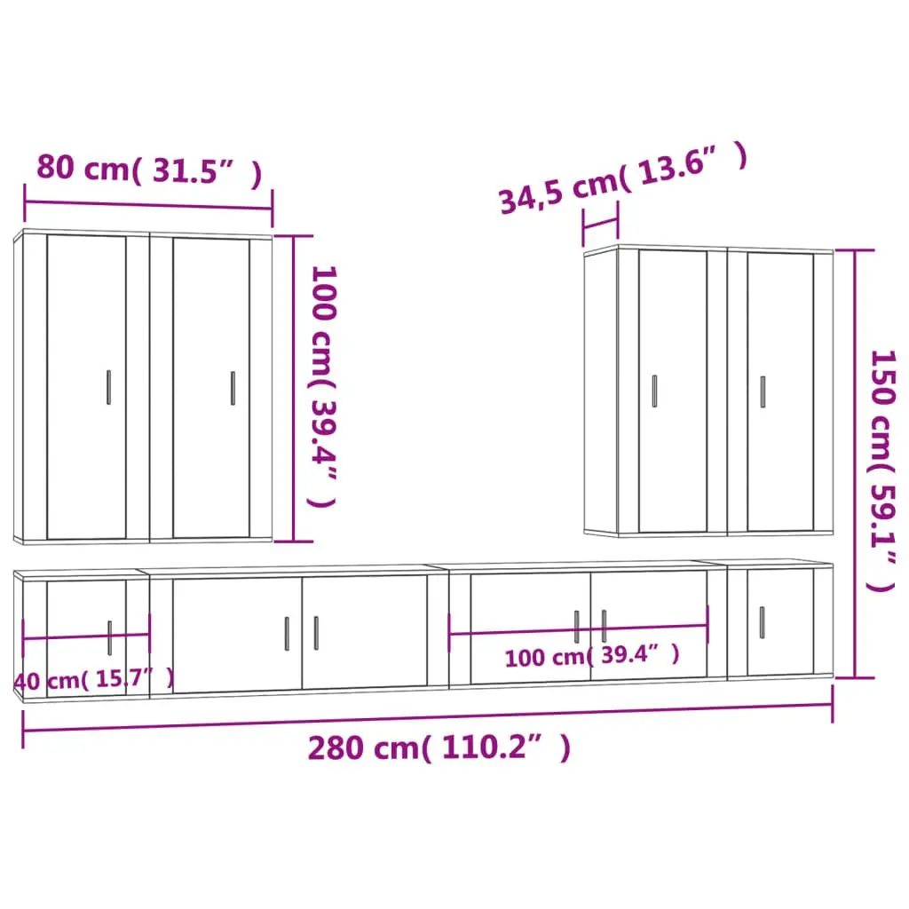 White Wall-Mounted TV Cabinet Set 8 Piece Engineered Wood Media Storage Units