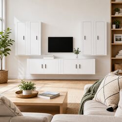 TV Cabinet Set 6 Piece Wall-Mounted Media Storage White Engineered Wood Units