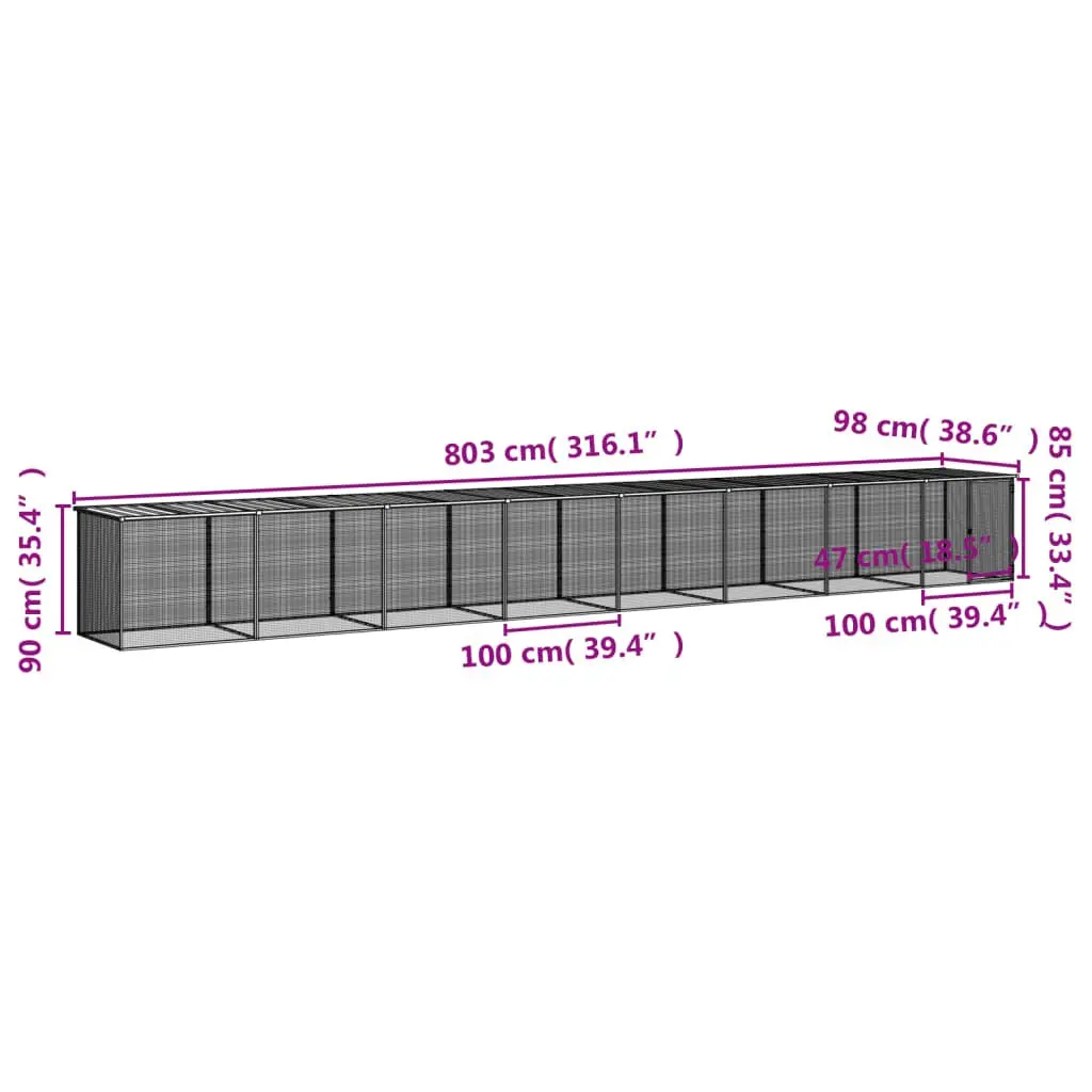 Chicken Cage with Roof Grey Small Animal Pen Coop Galvanised Steel 803x98x90cm