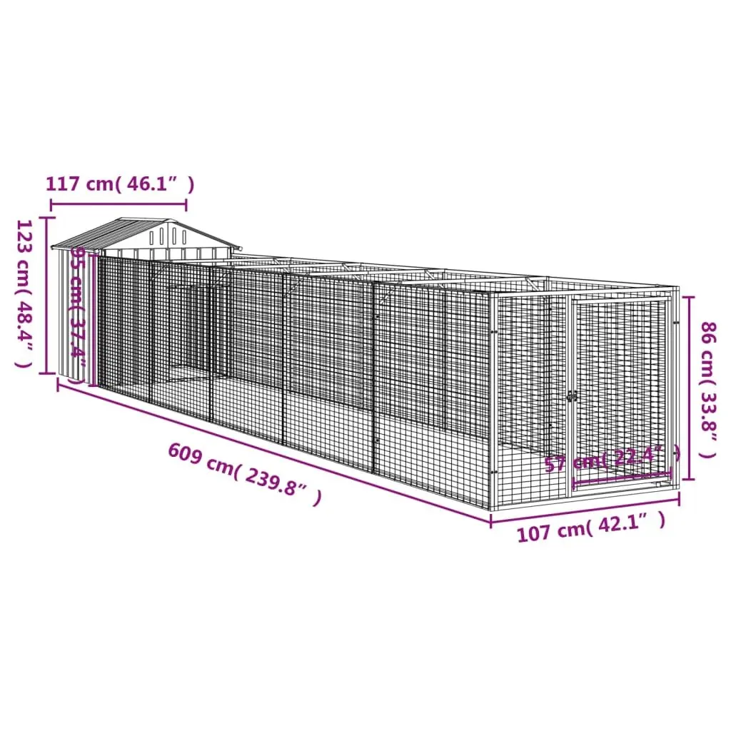 Dog Kennel with Extended Run Galvanised Steel Anthracite 117 x 609 x 123 cm