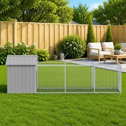 Friendly Grey Dog House with Integrated Run for Your Pets