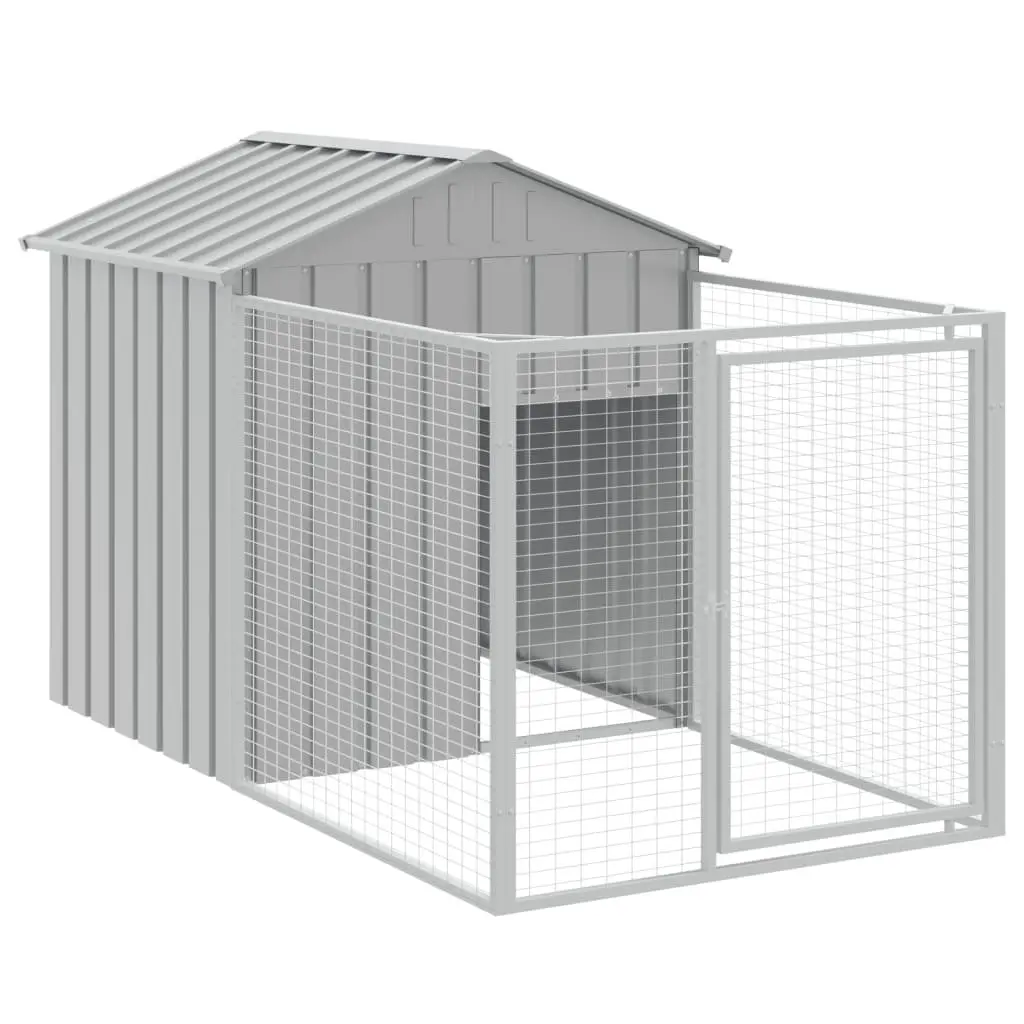 Dog Kennel with Extended Run Galvanised Steel Large Outdoor Pet House Grey