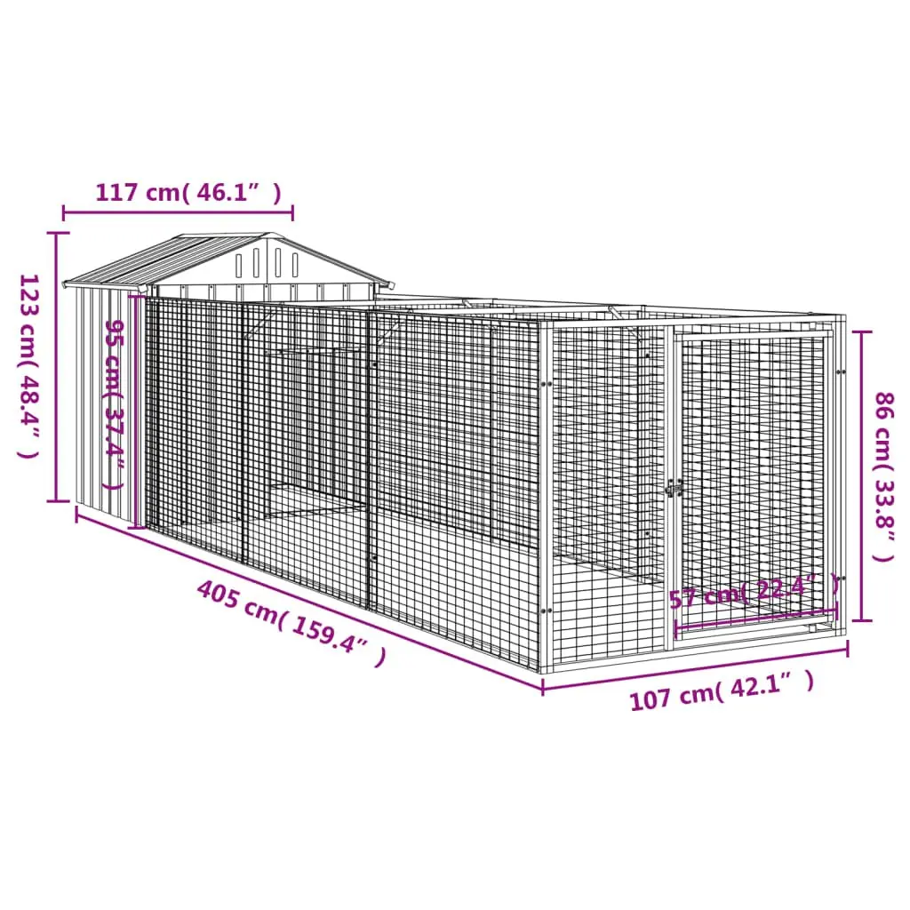 Dog Kennel with Extended Run Galvanised Steel Large Outdoor Pet House Grey