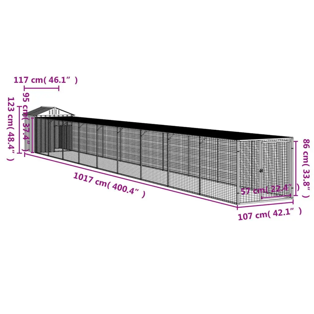 Chicken Cage with Run Grey Galvanised Steel 117x1017x123 cm