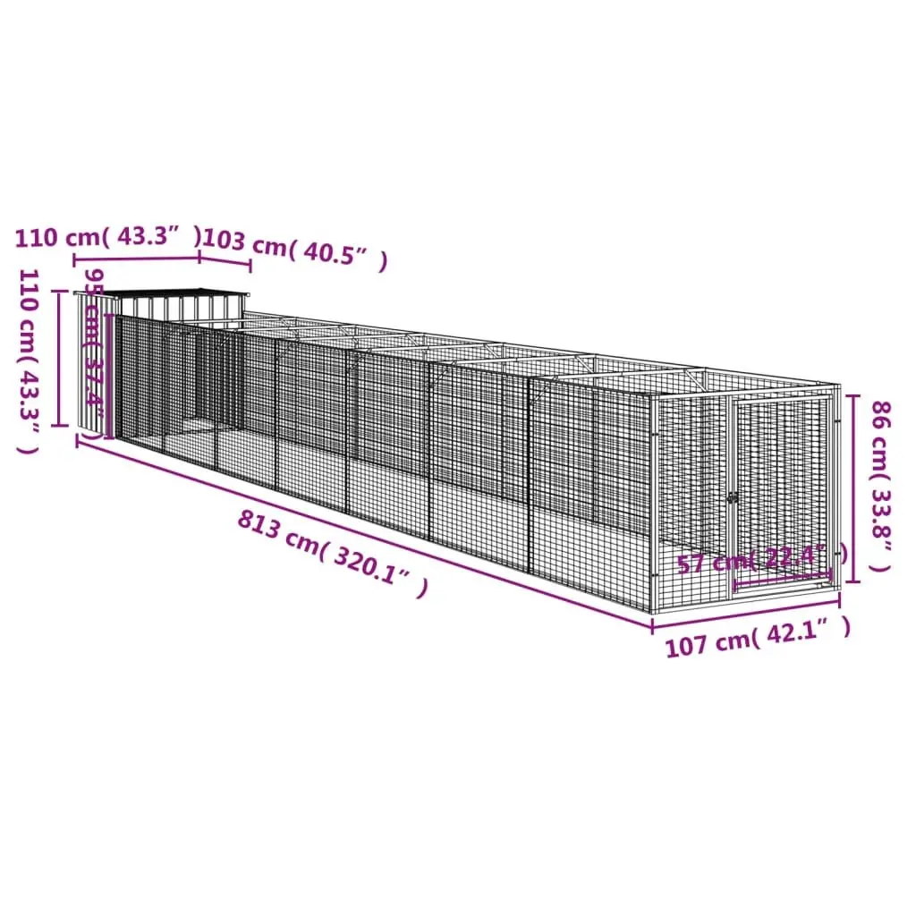 Dog Kennel with Run Galvanised Steel Anthracite Outdoor Shelter 110 x 813 x 110 cm