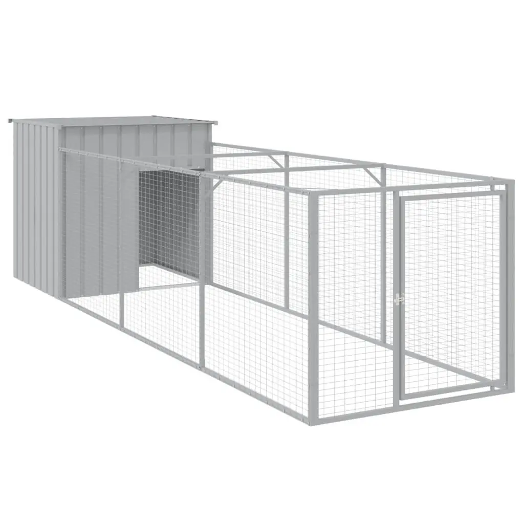 Dog House with Run Galvanised Steel Light Grey Outdoor Kennel 110 x 405 x 110 cm