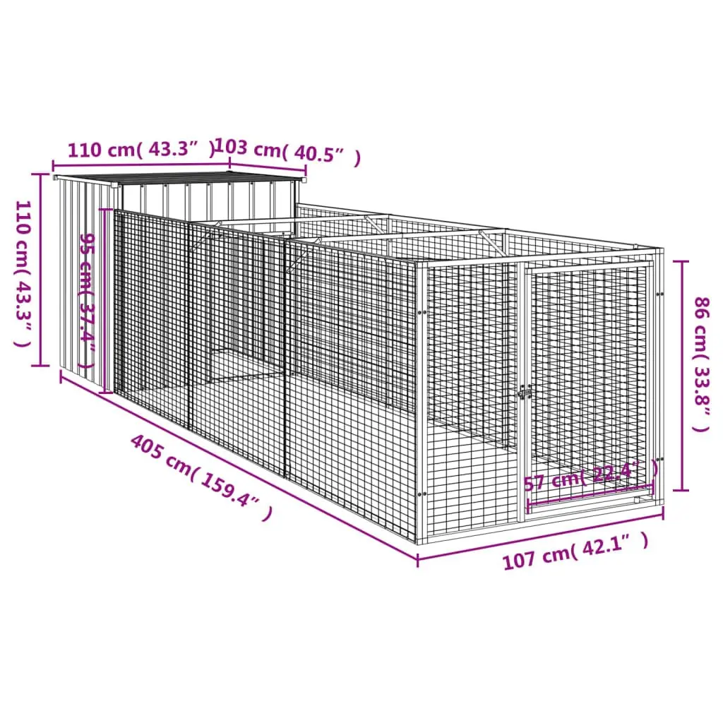 Dog House with Run Galvanised Steel Light Grey Outdoor Kennel 110 x 405 x 110 cm