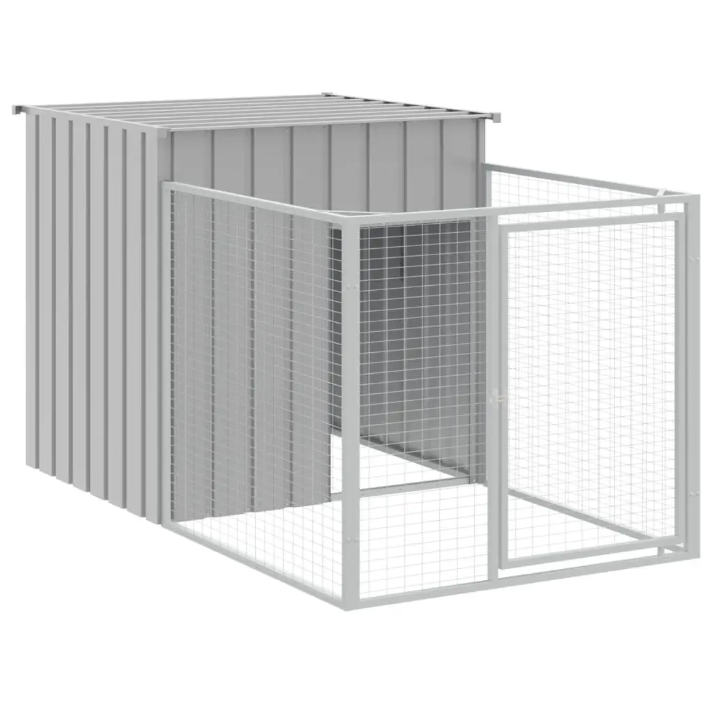Dog House with Run Light Grey Galvanised Steel Outdoor Pet Kennel Enclosure