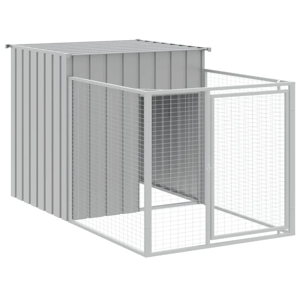 Dog House with Run Galvanised Steel Grey Outdoor Pet Kennel 110 x 101.7 x 110 cm