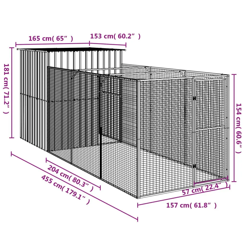 Dog House with Run Galvanised Steel Anthracite 165x455x181cm