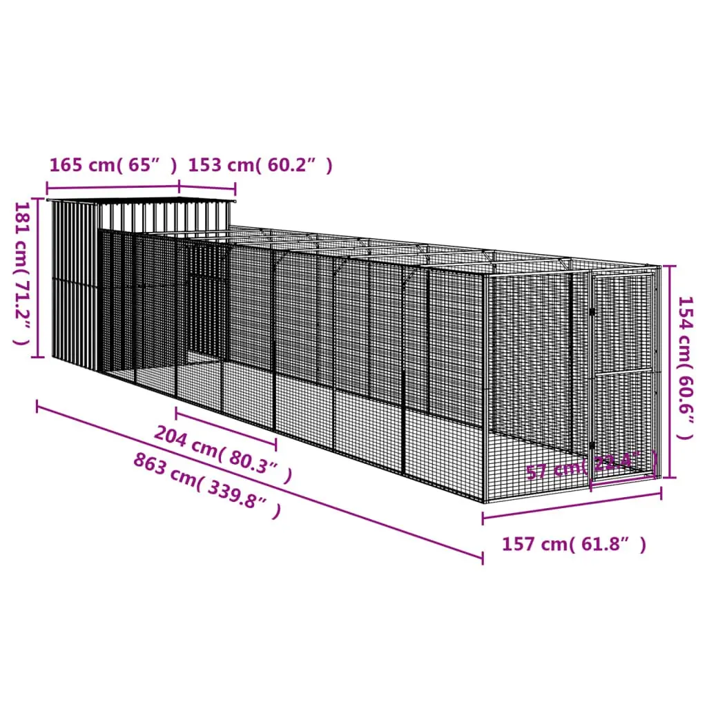 Dog House with Run Galvanised Steel Anthracite Outdoor Enclosure