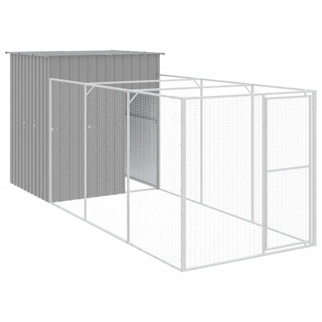 Dog House with Run Light Grey Outdoor Pet Kennel Enclosure Galvanised Steel