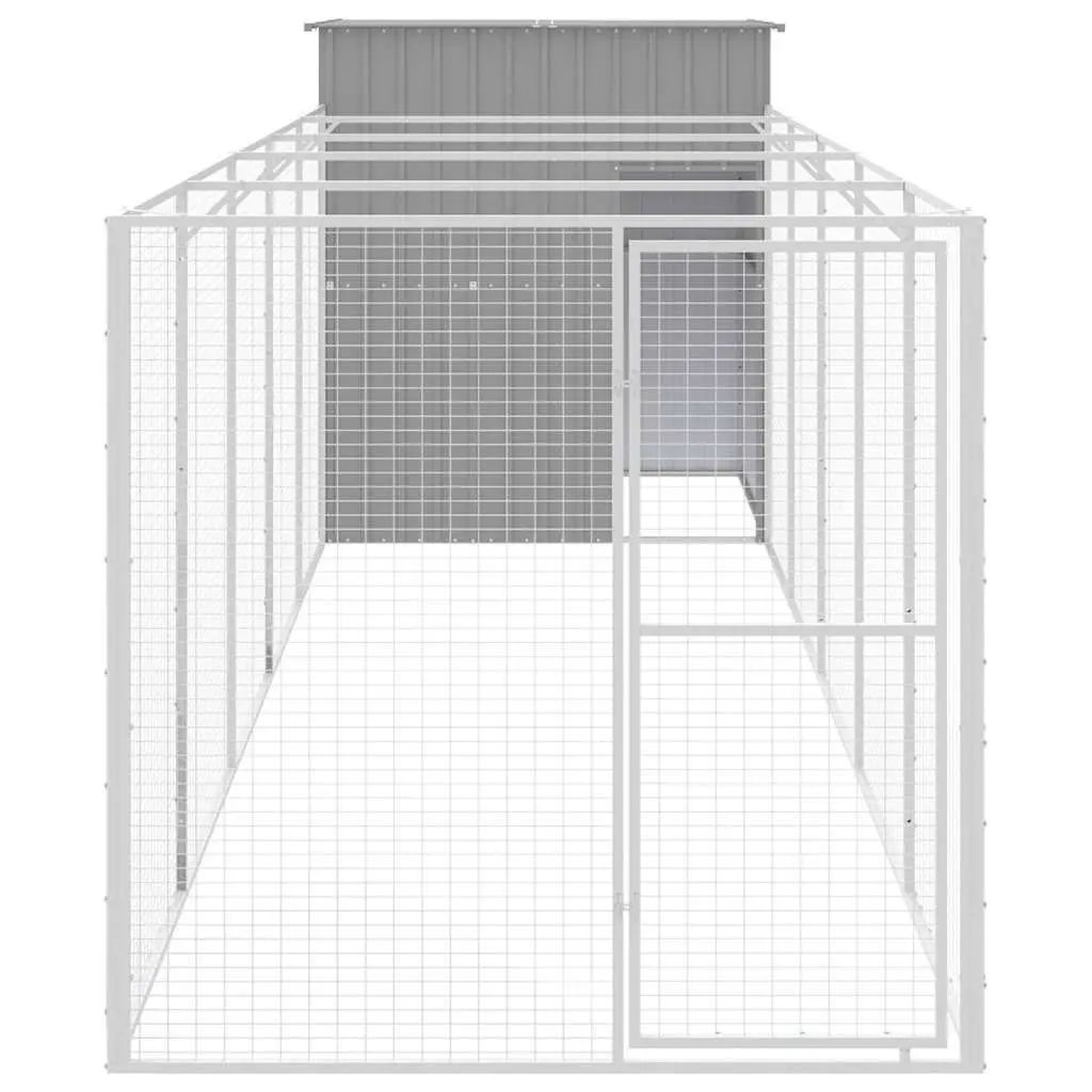 Dog House with Run Galvanised Steel Light Grey Outdoor Enclosure