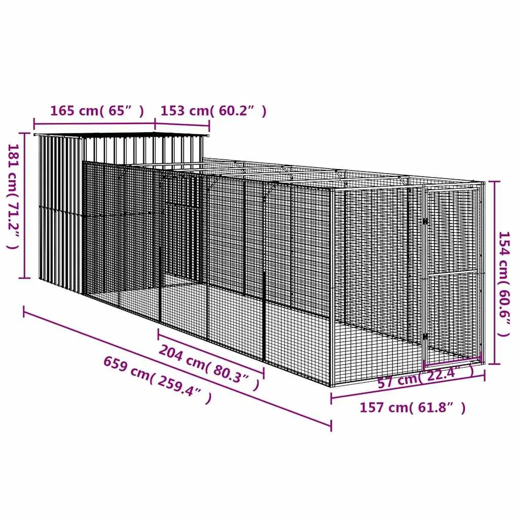 Dog House with Run Galvanised Steel Light Grey Outdoor Enclosure