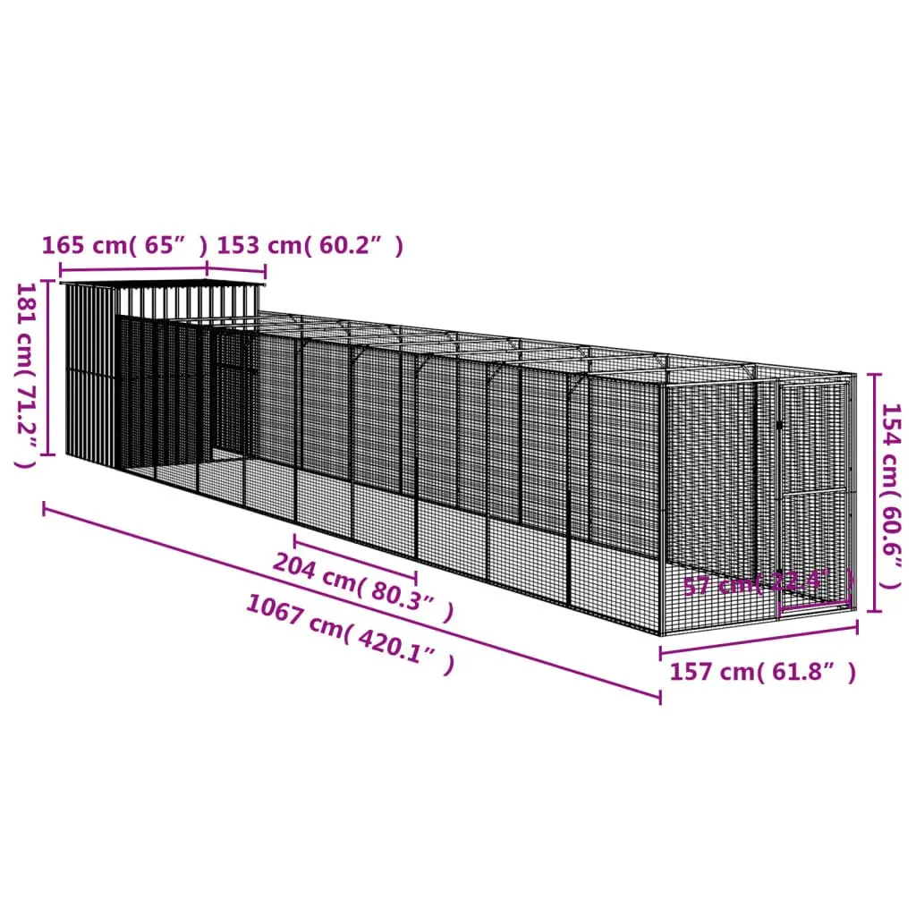 Dog Kennel with Run Enclosure Galvanised Steel Outdoor Size 165 x 1067 x 181 cm