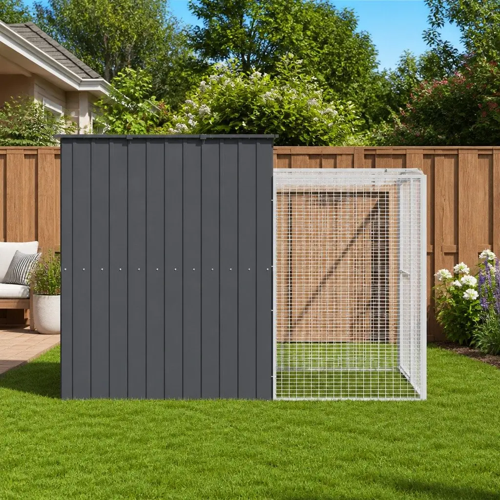 Dog House with Run Galvanised Steel Anthracite Outdoor Pet Kennel Enclosure 214 x 253 x 181 cm
