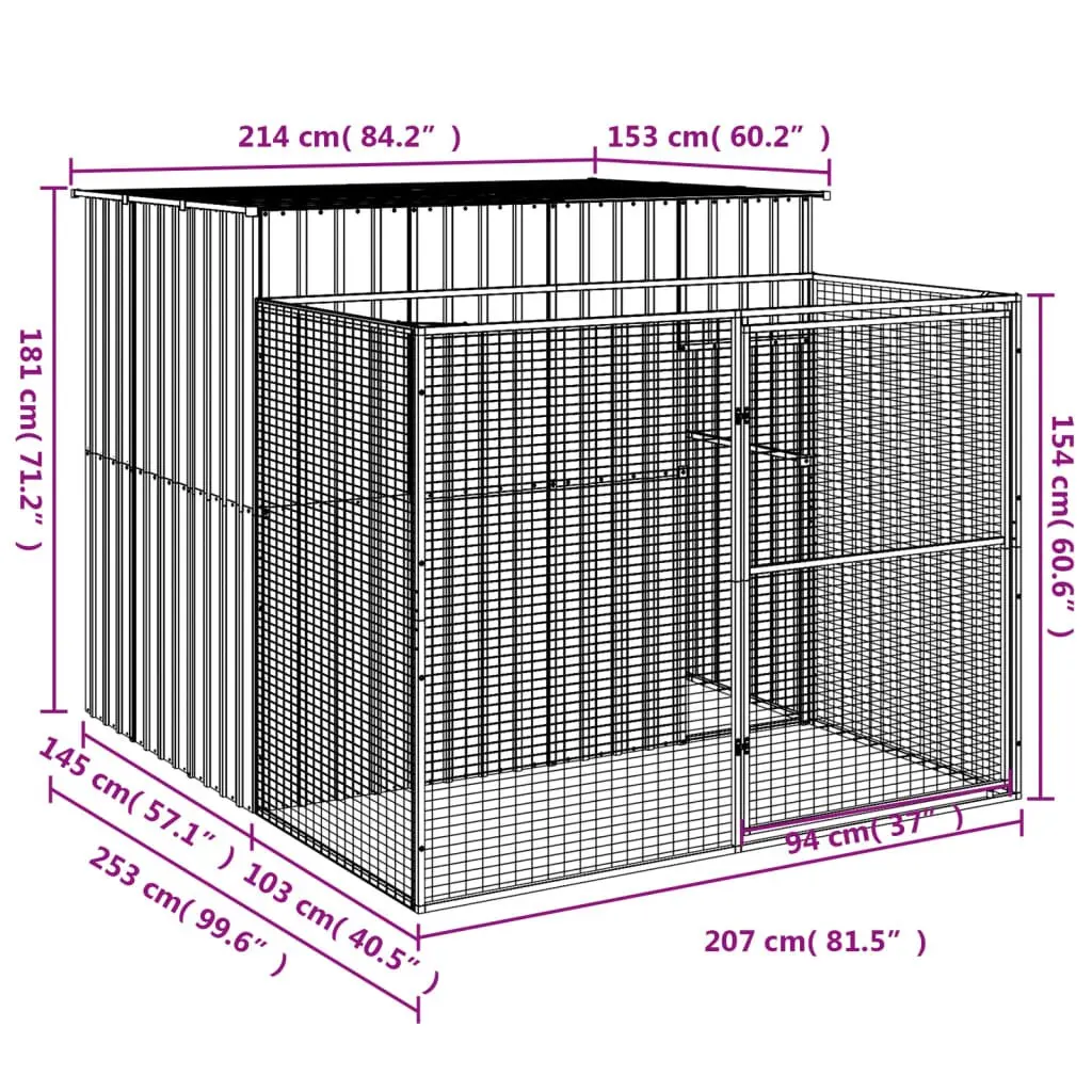 Dog House with Run Galvanised Steel Anthracite Outdoor Pet Kennel Enclosure 214 x 253 x 181 cm
