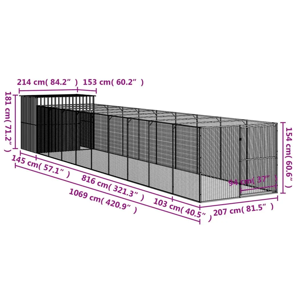 Dog House with Run Galvanised Steel Anthracite Outdoor Pet Kennel Enclosure