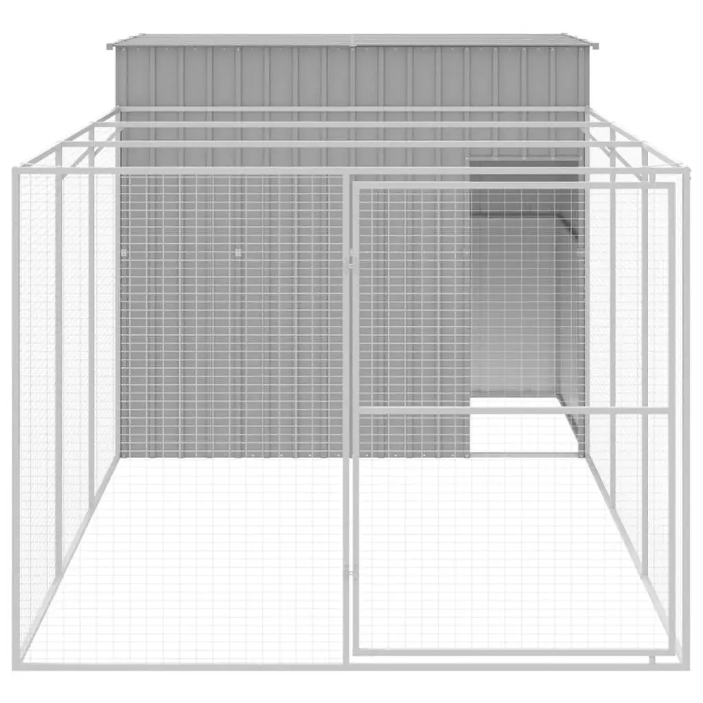 Dog House with Run Light Grey Galvanised Steel Outdoor Kennel Shelter Pet