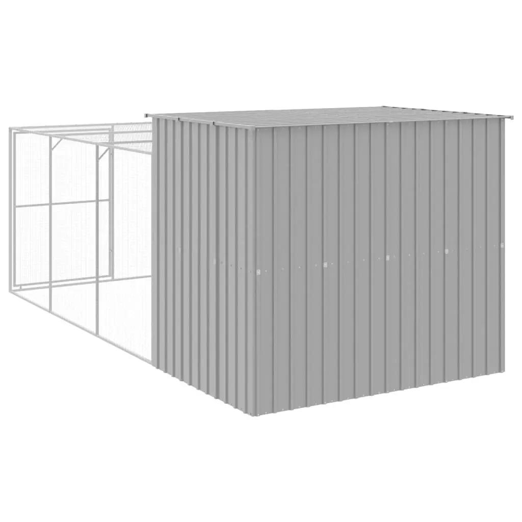 Dog House with Run Light Grey Galvanised Steel Outdoor Kennel Shelter Pet