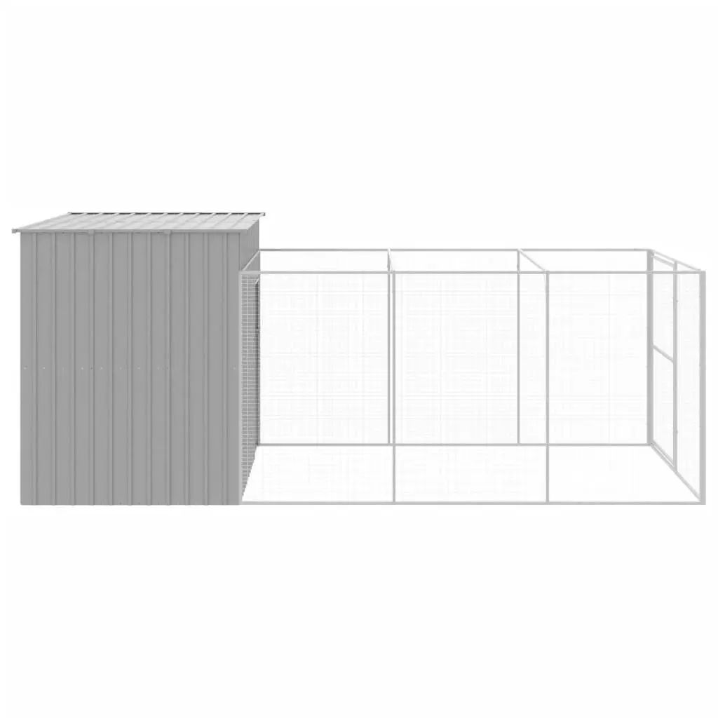 Dog House with Run Light Grey Galvanised Steel Outdoor Kennel Shelter Pet