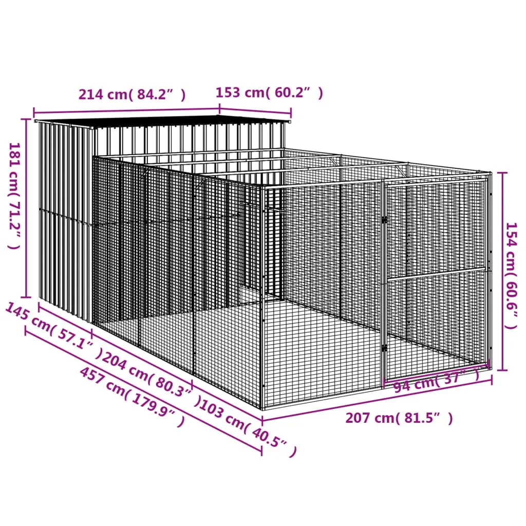 Dog House with Run Light Grey Galvanised Steel Outdoor Kennel Shelter Pet