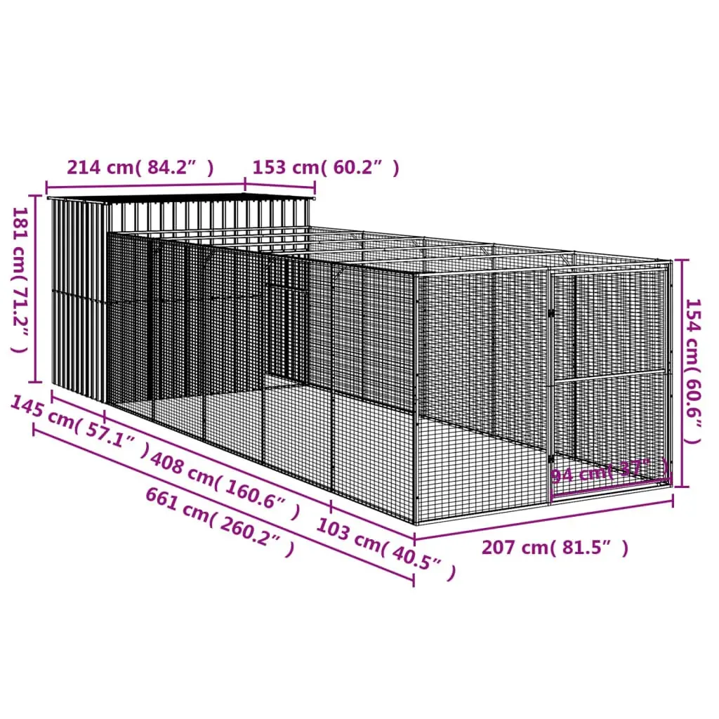 Dog House with Run Light Grey Galvanised Steel Cage