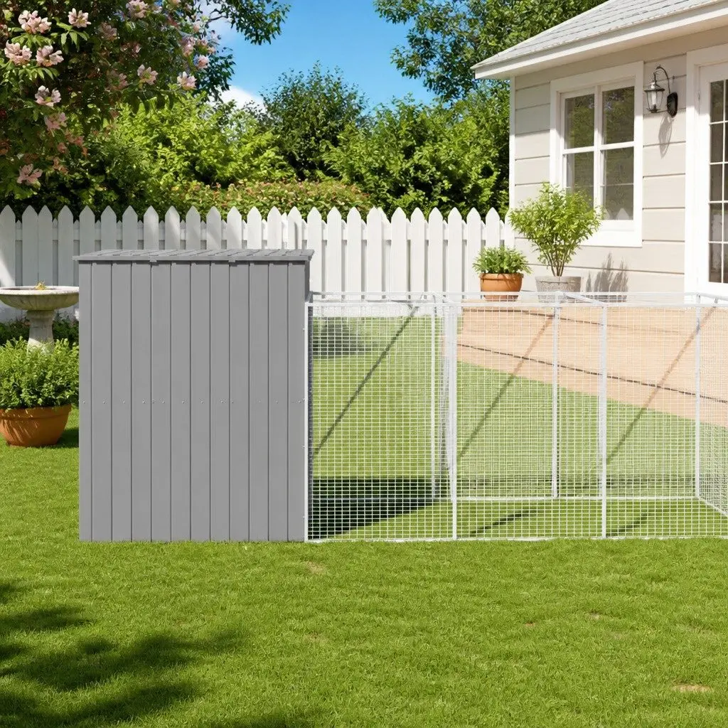 Dog House with Run Grey Galvanised Steel Outdoor Kennel Cage Enclosure Pet