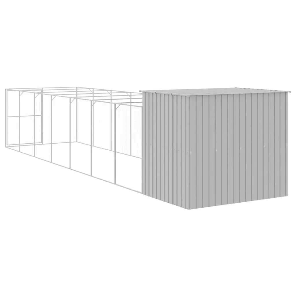 Dog House with Run Grey Galvanised Steel Outdoor Kennel Cage Enclosure Pet