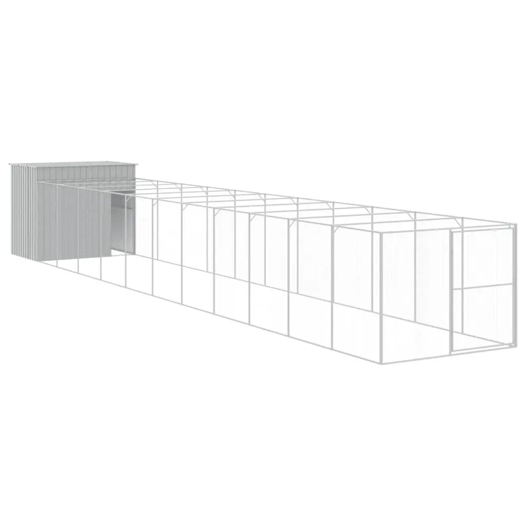 Dog House with Run Grey Galvanised Steel Pet Kennel Outdoor Shelter Cage