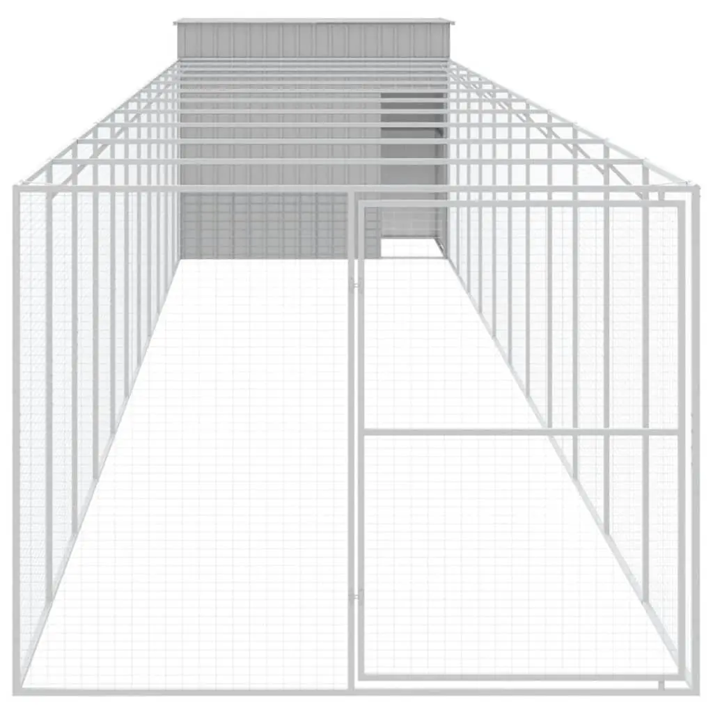 Dog House with Run Grey Galvanised Steel Pet Kennel Outdoor Shelter Cage