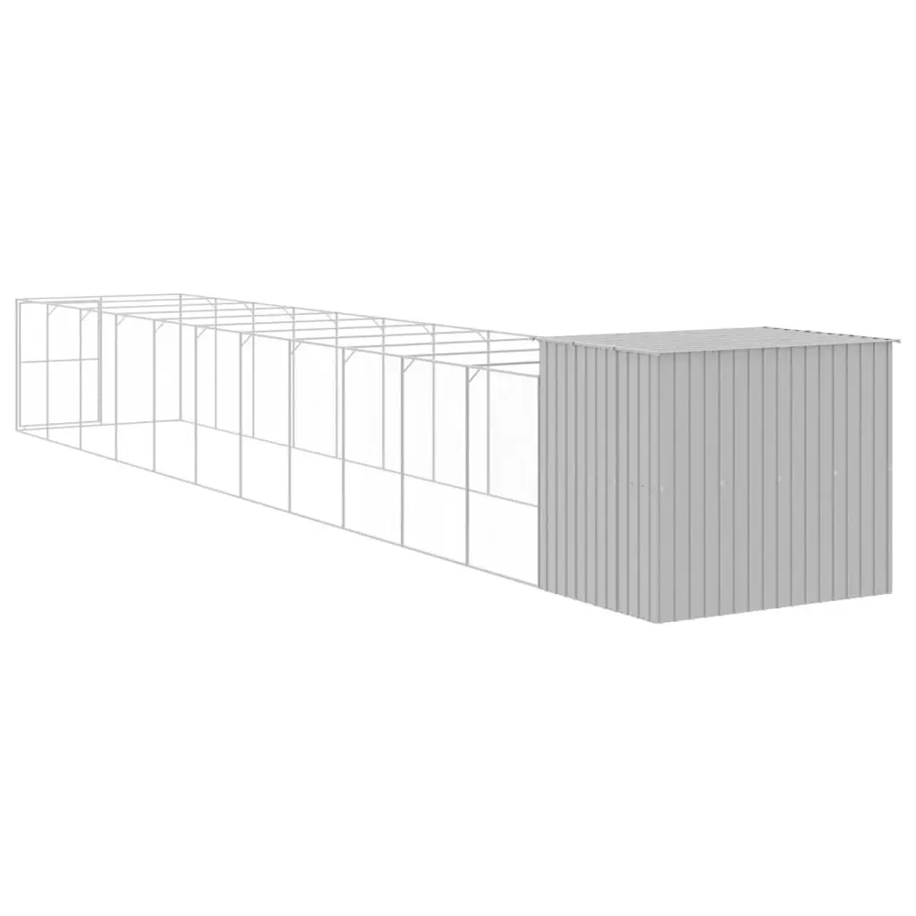 Dog House with Run Grey Galvanised Steel Pet Kennel Outdoor Shelter Cage