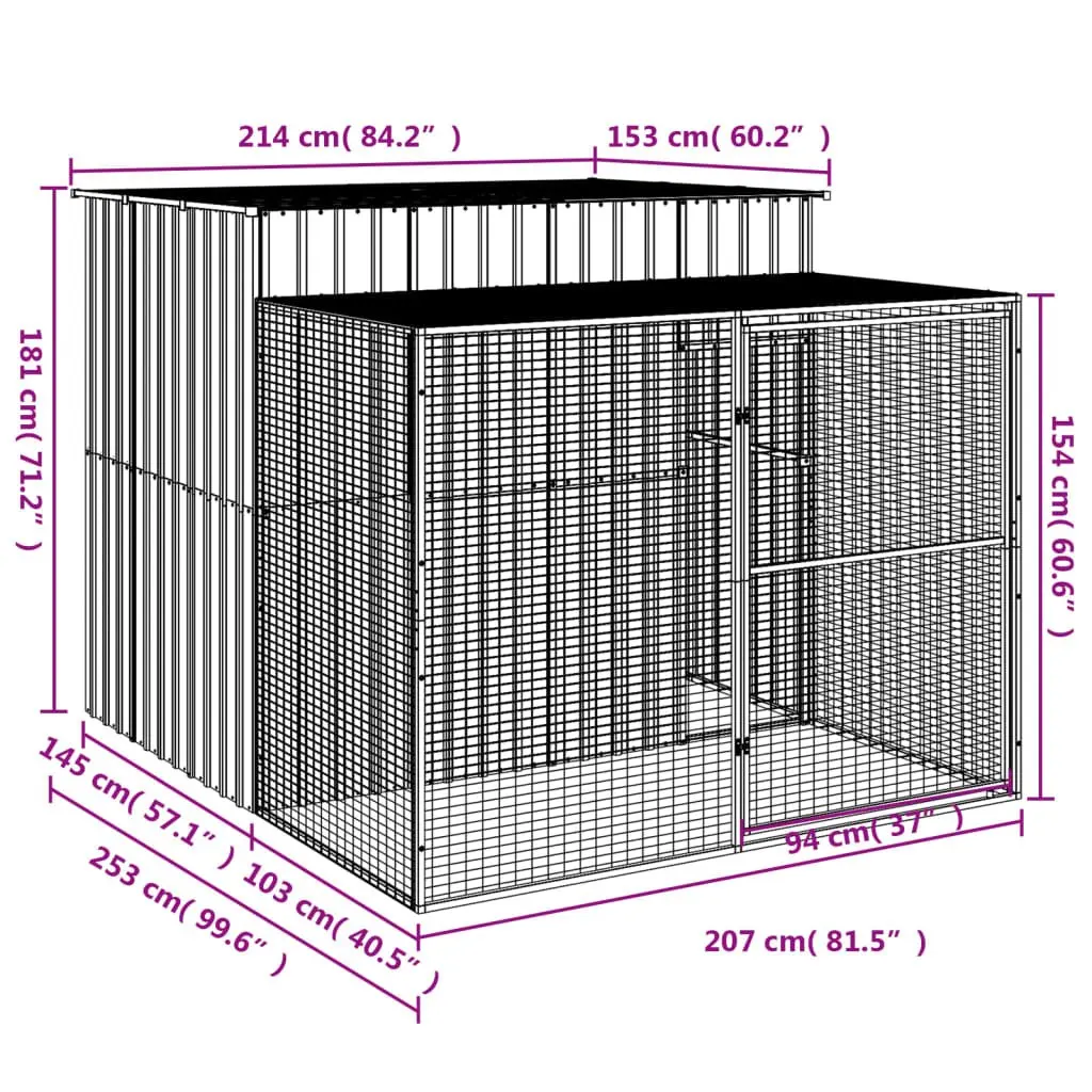 Dog Kennel Anthracite Galvanised Steel Outdoor House with Run 214 x 253 x 181 cm