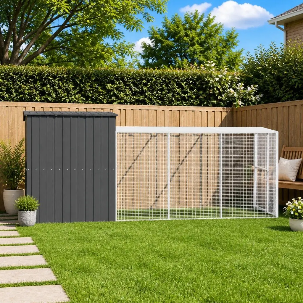 Dog House with Run Galvanised Steel Anthracite Outdoor Pet Kennel Enclosure 214 x 457 x 181 cm