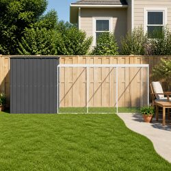 Dog House with Run Anthracite Galvanised Steel Outdoor Pet Kennel Enclosure